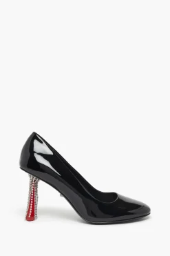 Escarpins En Cuir Verni Noir Avec Talons A Strass