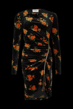 Robe Courte Asymetrique Rykiel'S Roses Imprimees Sur Velours Jersey