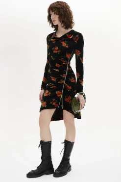 Robe Courte Asymetrique Rykiel'S Roses Imprimees Sur Velours Jersey