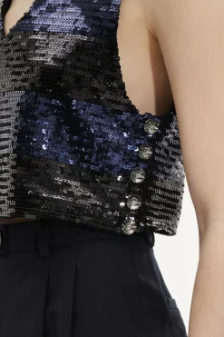 Top Court Sans Manches En Sequins Rayes
